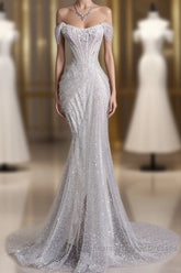 Unique Mermaid Off The Shoulder Sequin Short Sleeves White Wedding Dresses Brides Dress